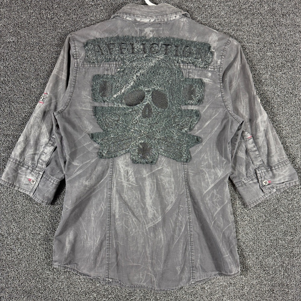 Affliction Black Premium Womens Gray Skull Lace Button Up Shirt Small Y2K Grunge